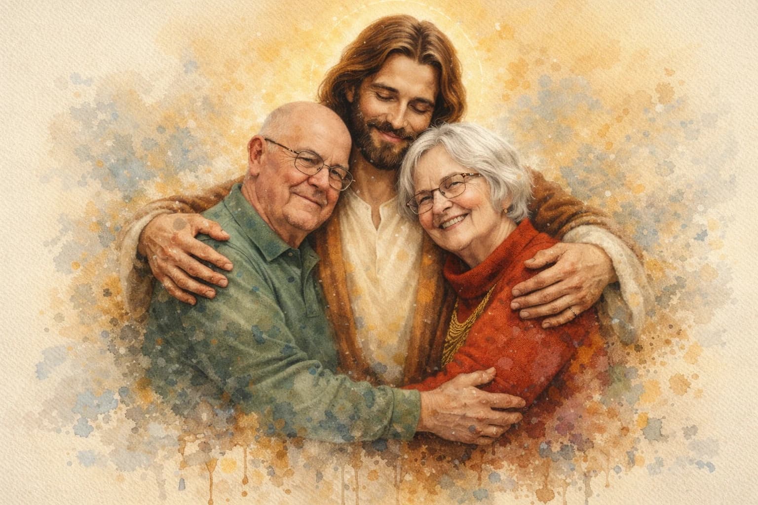 A warm illustration of Jesus embracing a couple