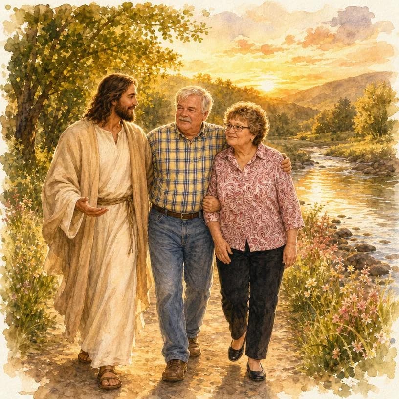 A warm, golden-hour illustration of a couple walking beside Jesus